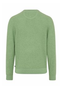 Groen gebreide trui met lange mouwen, een ronde halslijn en geribde zoom en manchetten. De textuur lijkt glad met een subtiel patroon.