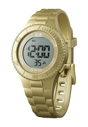 Montre numérique avec un boîtier et un bracelet en plastique doré. Dispose d'un écran LCD clair affichant l'heure et la date, avec des boutons sur le côté et une résistance à l'eau jusqu'à 100 mètres.