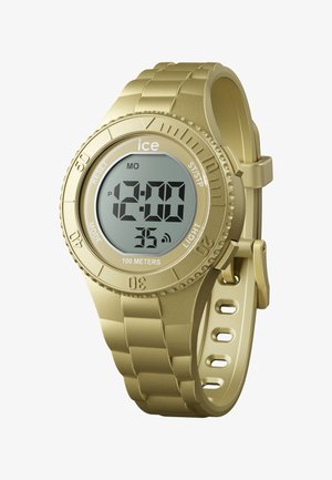 Orologio digitale con una cassa e un cinturino in plastica dorata. Presenta un display LCD chiaro che mostra l'ora e la data, con pulsanti laterali e resistenza all'acqua fino a 100 metri.