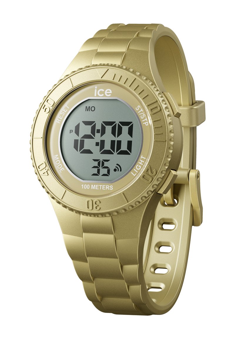 Orologio digitale con una cassa e un cinturino in plastica dorata. Presenta un display LCD chiaro che mostra l'ora e la data, con pulsanti laterali e resistenza all'acqua fino a 100 metri.