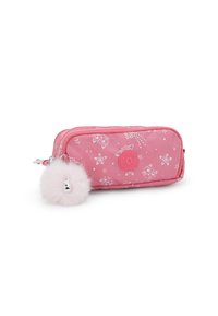 Pink rectangular pencil case with white star and cat patterns, round logo patch, and a fluffy pom-pom keychain attached to the zipper.