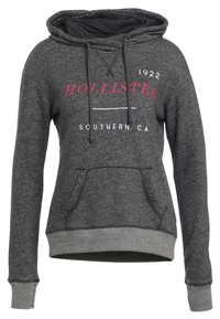 Hoodie i mörkgrå bomullsblandning, med framficka, ribbade ärmslut och tryckt "HOLLISTER 1922 SOUTHERN CA"-logotyp i röd.
