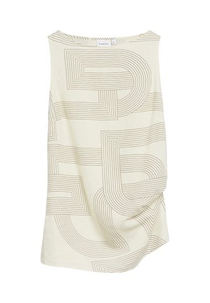 Kremowy top bez rękawów z abstrakcyjnymi geometrycznymi wzorami linii w kolorze brązowym, z delikatnym marszczeniem z jednej strony i okrągłym dekoltem.