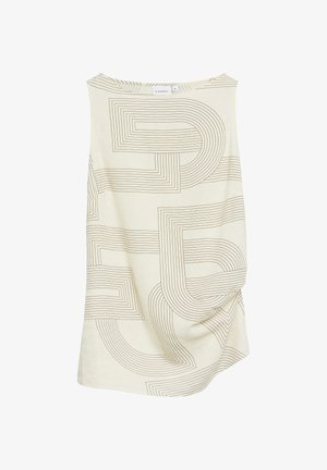 Kremowy top bez rękawów z abstrakcyjnymi geometrycznymi wzorami linii w kolorze brązowym, z delikatnym marszczeniem z jednej strony i okrągłym dekoltem.