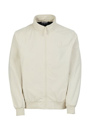 Beige zip-up jakke med ståkrave, elastiske manchetter og talje. Har et diskret logo på brystet. Glat stoftekstur.