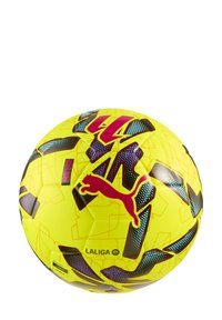 Gul Puma fodbold med lilla og sorte geometriske mønstre og La Liga-logo trykt på.