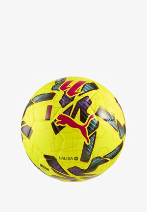 Geel Puma voetbal met paarse en zwarte geometrische patronen en het La Liga-logo erop gedrukt.