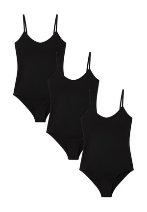 Drie zwarte eendelige badpakken met dunne schouderbandjes, over elkaar heen weergegeven op een witte achtergrond.
