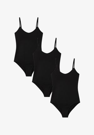 Drei schwarze Einteilige Badeanzüge mit dünnen Schultergurten, überlappend auf einem weißen Hintergrund dargestellt.
