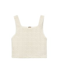 Kremowy crop top z teksturowanym wzorem dzianiny, z kwadratowym dekoltem i szerokimi ramiączkami. Wykonany z miękkiego, oddychającego materiału.