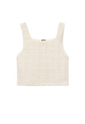 Cream-colored crop top featuring a textured knit pattern with a square neckline and wide straps. Made from a soft, breathable material.
