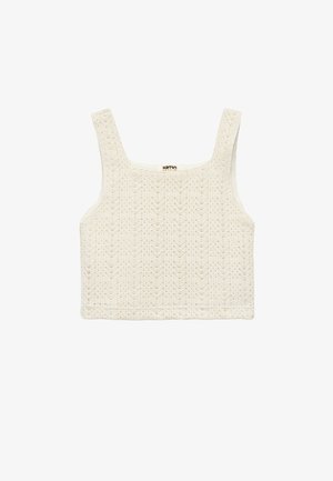 Crème-kleurige crop top met een textuur in het breipatroon, vierkante halslijn en brede schouderbanden. Gemaakt van een zachte, ademende stof.