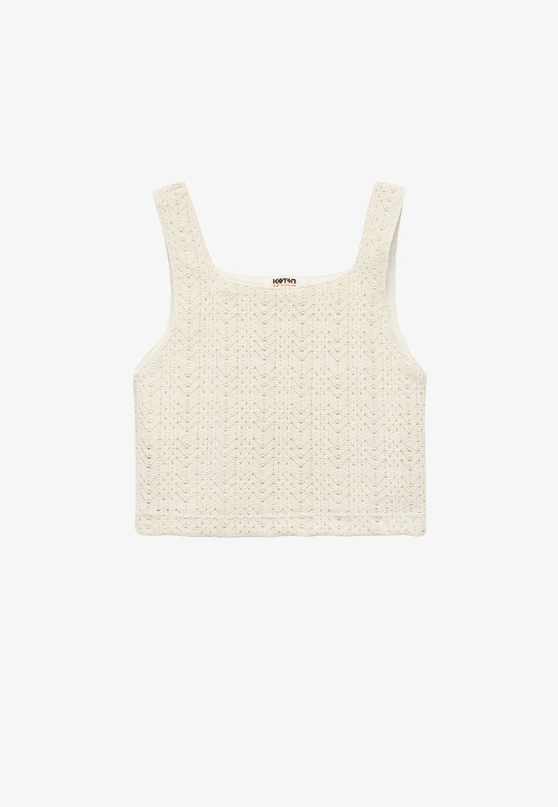 Cream-colored crop top featuring a textured knit pattern with a square neckline and wide straps. Made from a soft, breathable material.