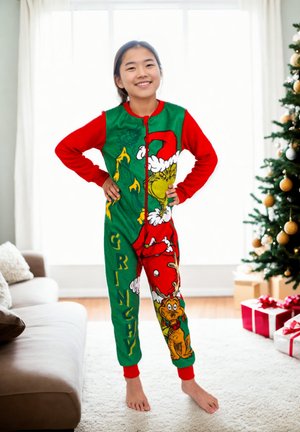 Tutina verde e rossa con design "Grinch", chiusura con zip e grafiche del personaggio. Tessuto morbido, maniche lunghe e polsini alla caviglia.