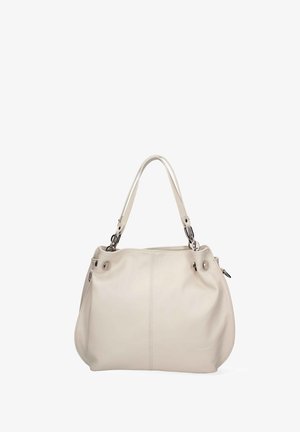 Sac à main en cuir crème avec une forme arrondie, deux poignées et des accents en métal. Il possède des panneaux cousus et une texture douce.