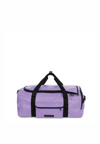 Borse a sacca viola con cinghie nere, dotata di una tasca con zip, texture liscia e forma arrotondata, adatta per viaggi o per l'uso in palestra.