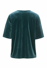 Sammetsteal topp med korta ärmar, rund halsringning och slät textur. Bakvy som visar en avslappnad passform och subtil glans.