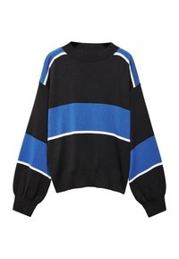 Pull noir avec des rayures bleues et blanches. Présente un col rond, des manches longues avec des poignets froncés, et une coupe décontractée. Texture douce.