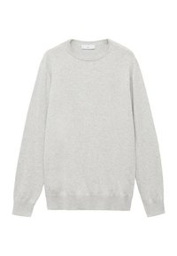 Grauer Pullover aus weichem Baumwollmischgewebe, mit Rundhalsausschnitt und langen Ärmeln mit gerippten Bündchen und Saum. Keine Muster oder Akzente.