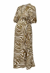 Maxi jurk in een bruin en crèmekleurig zebra patroon, met een wikkelontwerp, korte pofmouwen, en een strik taille met een gerimpelde zoom.
