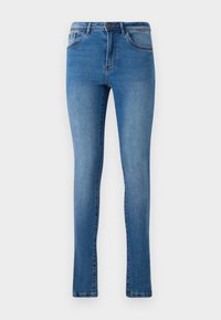 Jeans ajustados en denim azul medio. Cuentan con un cierre de botón y cremallera, diseño de cinco bolsillos y un ligero desgastado en los muslos.