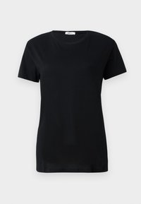 Zwarte katoenen t-shirt met korte mouwen, ronde hals en een relaxte pasvorm. Gladde textuur zonder zichtbare patronen of accenten.