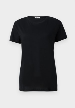 Sort bomulds T-shirt med korte ærmer, rund halsudskæring og en afslappet pasform. Glat tekstur uden synlige mønstre eller accenter.