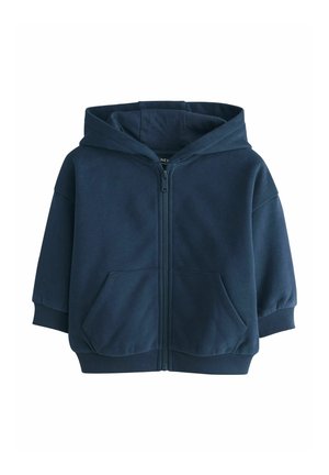 Navy blue zip-up hoodie made from soft fabric, featuring a hood, two front pockets, and ribbed cuffs. Simple design with no patterns.