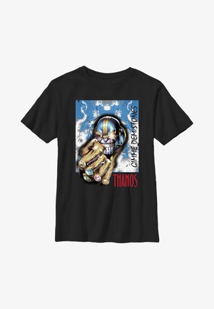 Sort T-shirt med et grafik af Thanos' hånd med seks farverige Infinity Stones, samt teksten "Gimme the Stones" og "Thanos."