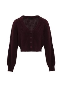 Cardigan corto bordeaux con scollo a V, chiusura a quattro bottoni e tessuto a maglia texturizzato. Presenta maniche lunghe e leggermente puffate.