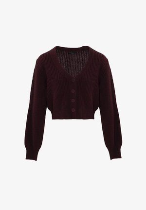 Cardigan corto bordeaux con scollo a V, chiusura a quattro bottoni e tessuto a maglia texturizzato. Presenta maniche lunghe e leggermente puffate.