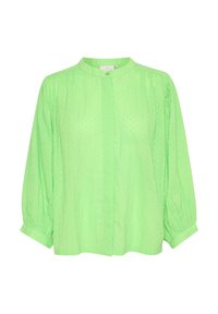 Green blouse made from lightweight fabric with textured polka dot pattern. Features a high neckline and gathered, puffed sleeves.
