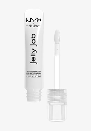 Tube de gloss à lèvres Jelly Job de NYX Professional Makeup avec applicateur ouvert, gloss transparent à brillance intense, capacité de 7,5 mL.
