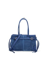 Borsa a mano blu in pelle scamosciata con dettagli in pelle, dotata di due manici superiori, una tracolla rimovibile e hardware in tono oro.