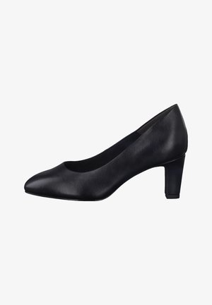 Black leather high heel shoe featuring a pointed toe, smooth texture, and a moderate block heel for stability.