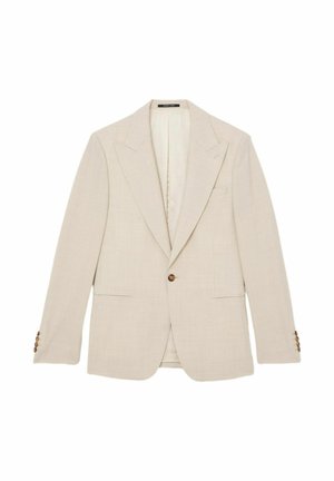 Beige herenblazer met één knoop, revers met inkeping, twee voorzakken en knoopmanchetten, weergegeven op een witte achtergrond.