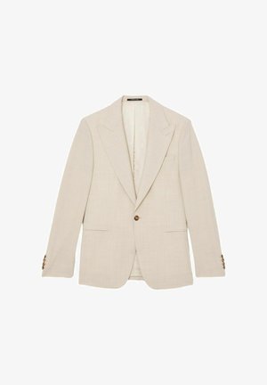 Beige herenblazer met één knoop, revers met inkeping, twee voorzakken en knoopmanchetten, weergegeven op een witte achtergrond.
