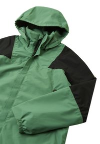 Green and black waterproof jacket featuring a hood, zip closure, elastic cuffs, and contrasting panel design. Smooth, lightweight fabric.