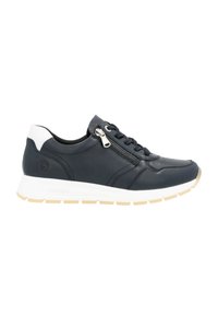 Navy leder Sneaker mit einem weißen Fersenakzent, ausgestattet mit Schnürsenkeln und einem seitlichen Reißverschluss. Dicke weiße Zwischensohle mit einer hellbraunen Gummisohle.
