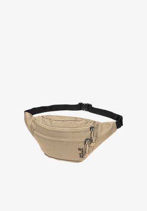 Beige Jack Wolfskin heuptas met twee met rits afsluitbare vakken en een verstelbare zwarte band met gespsluiting.