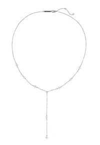 Collier en chaîne argentée avec des accents en forme d'étoile et un pendentif central en goutte, présentant de petits détails en cristal et une fermeture à crochet.