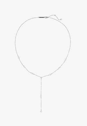 Collar de cadena de plata con acentos en forma de estrella y un colgante central, que presenta pequeños detalles de cristal y un cierre de gancho.