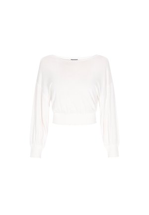 Weißer, verkürzter Pullover aus weichem Stoff. Hat einen weiten Halsausschnitt und lange, leicht gepuffte Ärmel mit gerippten Bündchen und Saum.