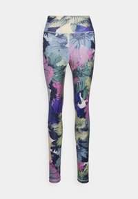 Leggings a vita alta con una stampa floreale multicolore che presenta tonalità di viola, verde e giallo. Realizzati in materiale elasticizzato e traspirante.