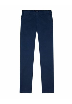 Navy blue casual trousers made of soft fabric. Straight-leg design with four pockets. Subtle stitching details along waist and hem.