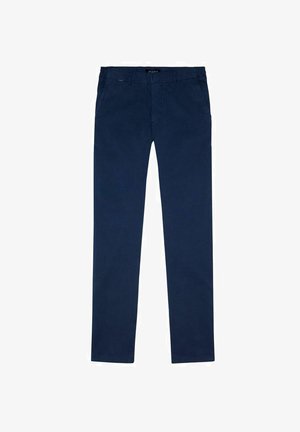 Navy blue casual trousers made of soft fabric. Straight-leg design with four pockets. Subtle stitching details along waist and hem.