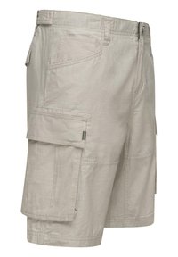 Pantaloni cargo beige con più tasche, chiusura a bottone e dettagli cuciti. Realizzati in tessuto di cotone leggero.
