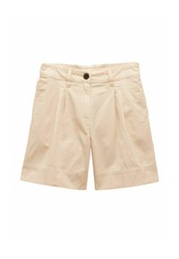 Beżowe szorty wykonane z bawełny o gładkiej fakturze, z przodem zapinanym na guziki, plisami oraz podwiniętymi brzegami dla dopasowanego wyglądu.