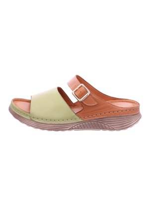 Green and brown leather slide sandals with an adjustable buckle, textured rubber sole, open toe design, and subtle stitching details.