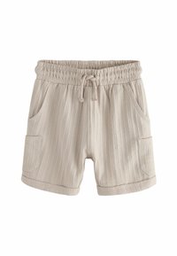 Shorts beige clair avec une taille élastique et un cordon de serrage, dotés de deux poches latérales et d'un motif rayé texturé subtil.
